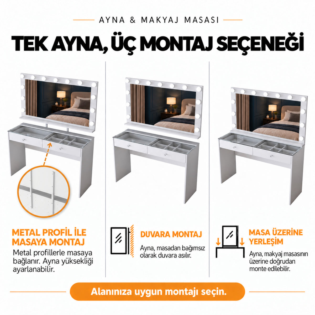 Rani BJ315 Hollywood Beyaz Işıklı Aynalı Cam Tablalı Makyaj Masası 2 Çekmeceli Takı Düzenleyici Beyaz
