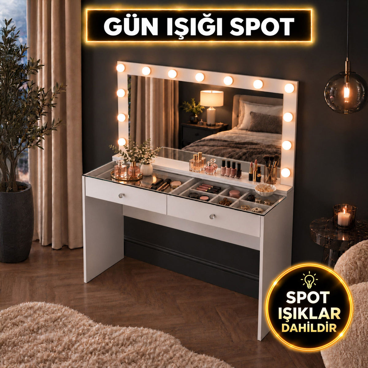 Rani BJ314 Hollywood Gün Işığı Aynalı Cam Tablalı Makyaj Masası 2 Çekmeceli Takı Düzenleyici Beyaz