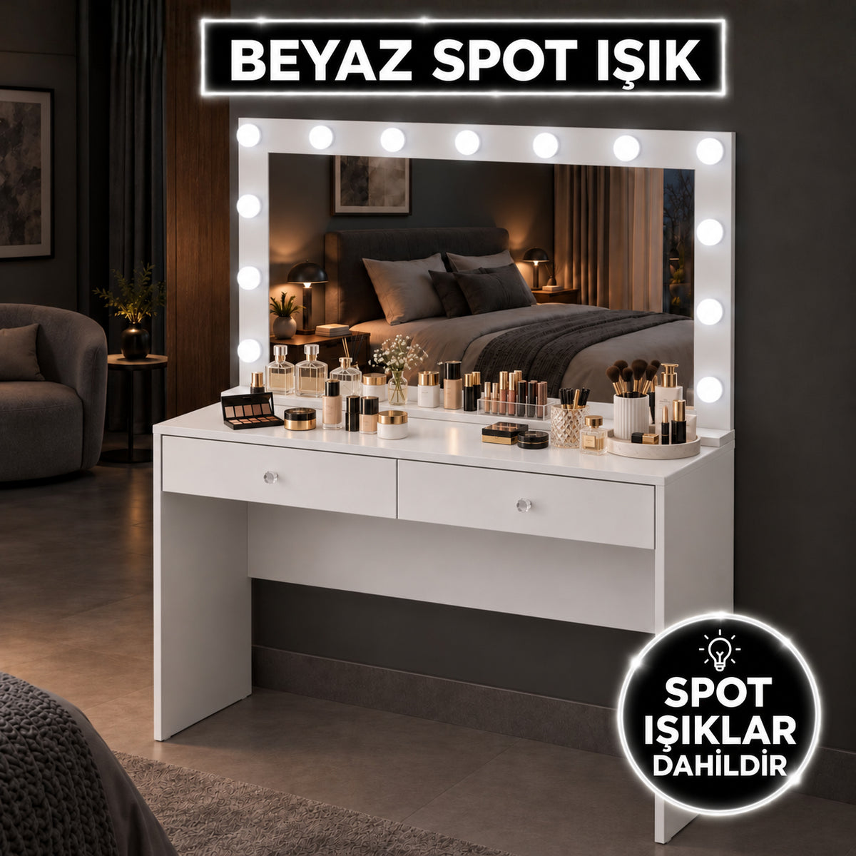 Rani BJ313 Hollywood Işıklı Aynalı Kulis Makyaj Masası 2 Çekmeceli Takı Düzenleyici Beyaz