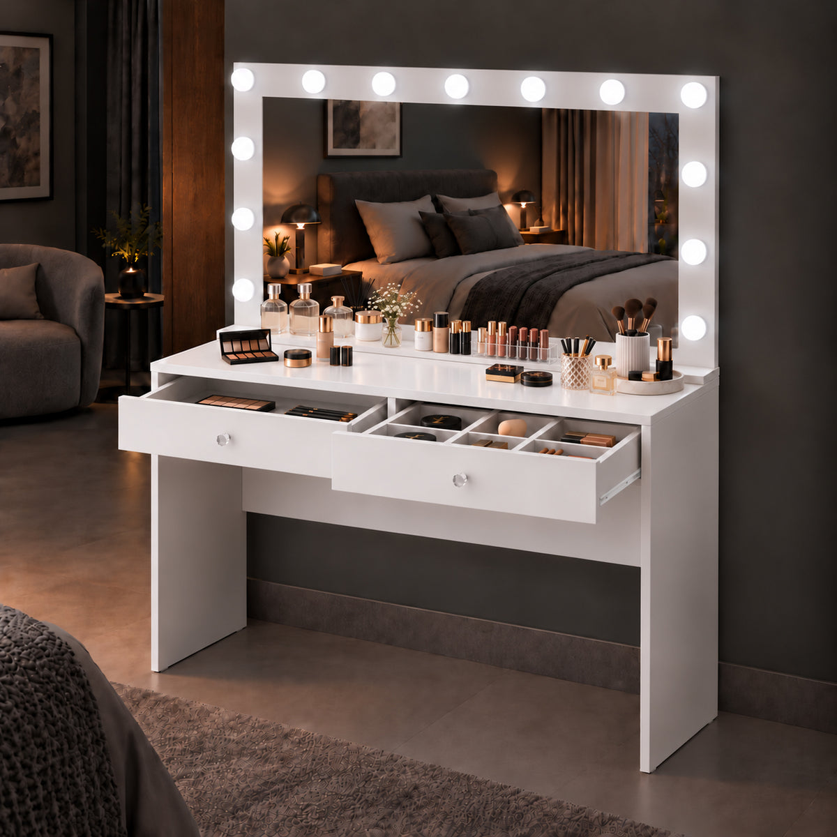 Rani BJ313 Hollywood Işıklı Aynalı Kulis Makyaj Masası 2 Çekmeceli Takı Düzenleyici Beyaz