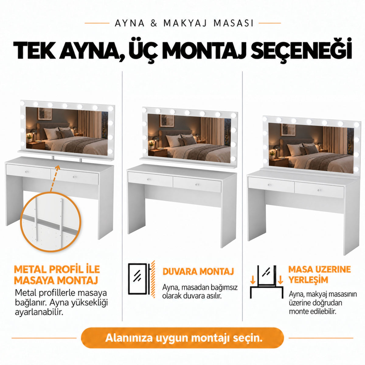 Rani BJ313 Hollywood Işıklı Aynalı Kulis Makyaj Masası 2 Çekmeceli Takı Düzenleyici Beyaz