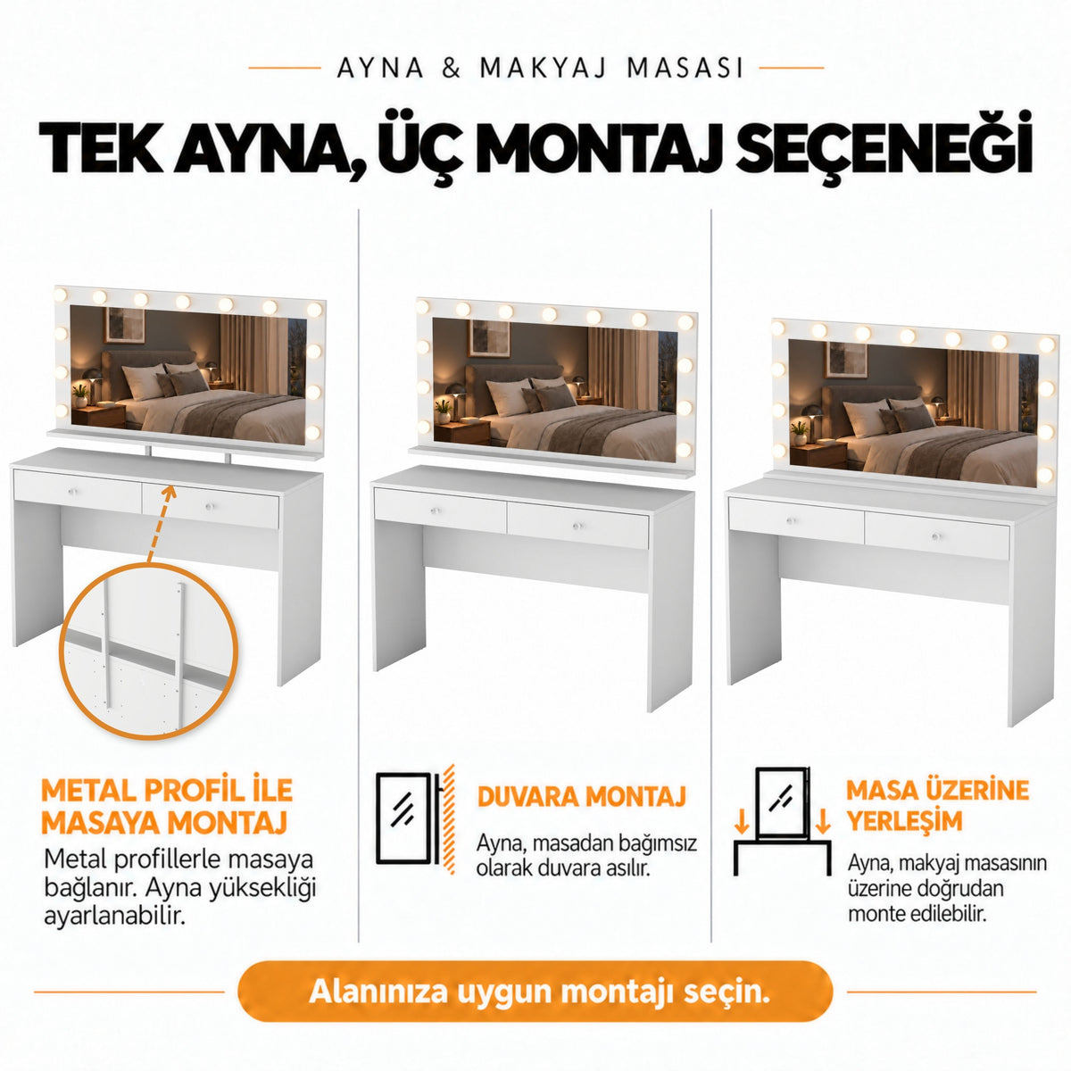 Rani BJ312 Hollywood Işıklı Aynalı Kulis Makyaj Masası 2 Çekmeceli Takı Düzenleyici Günışığı