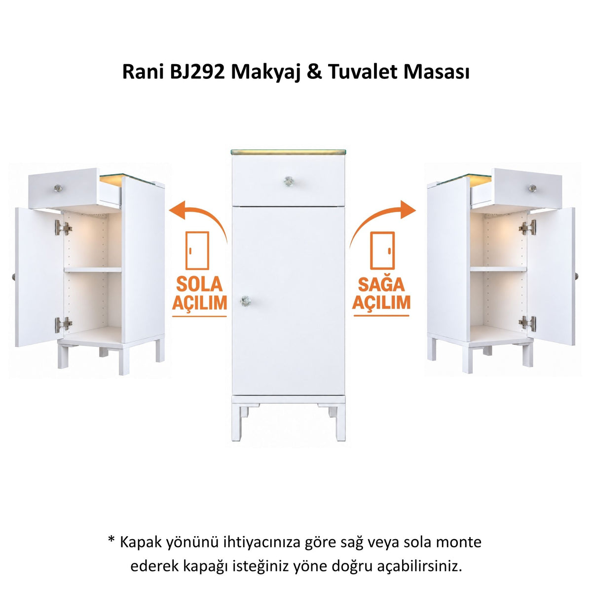 Rani BJ292 Ledli Çekmeceli Raflı Makyaj & Tuvalet Masası Cam Tablalı Yan Dolap Beyaz