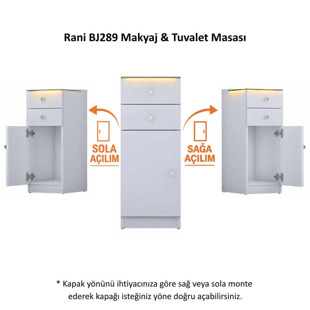 Rani BJ289 Ledli Çekmeceli Raflı Makyaj & Tuvalet Masası Cam Tablalı Kapaklı Yan Dolap Beyaz