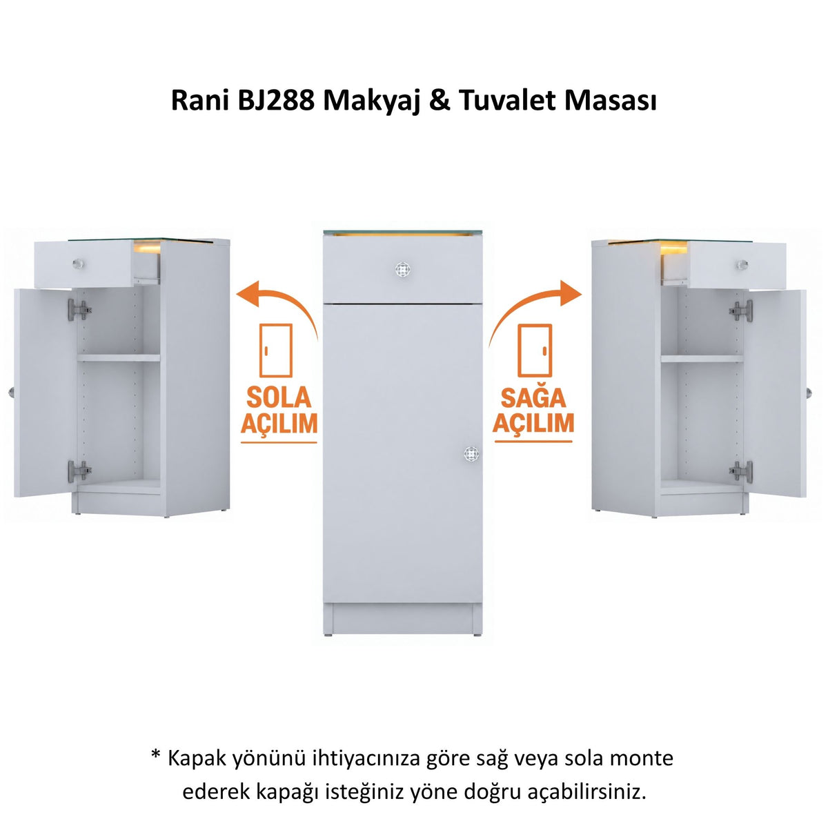 Rani BJ288 Ledli Çekmeceli Raflı Makyaj & Tuvalet Masası Cam Tablalı Kapaklı Yan Dolap Beyaz