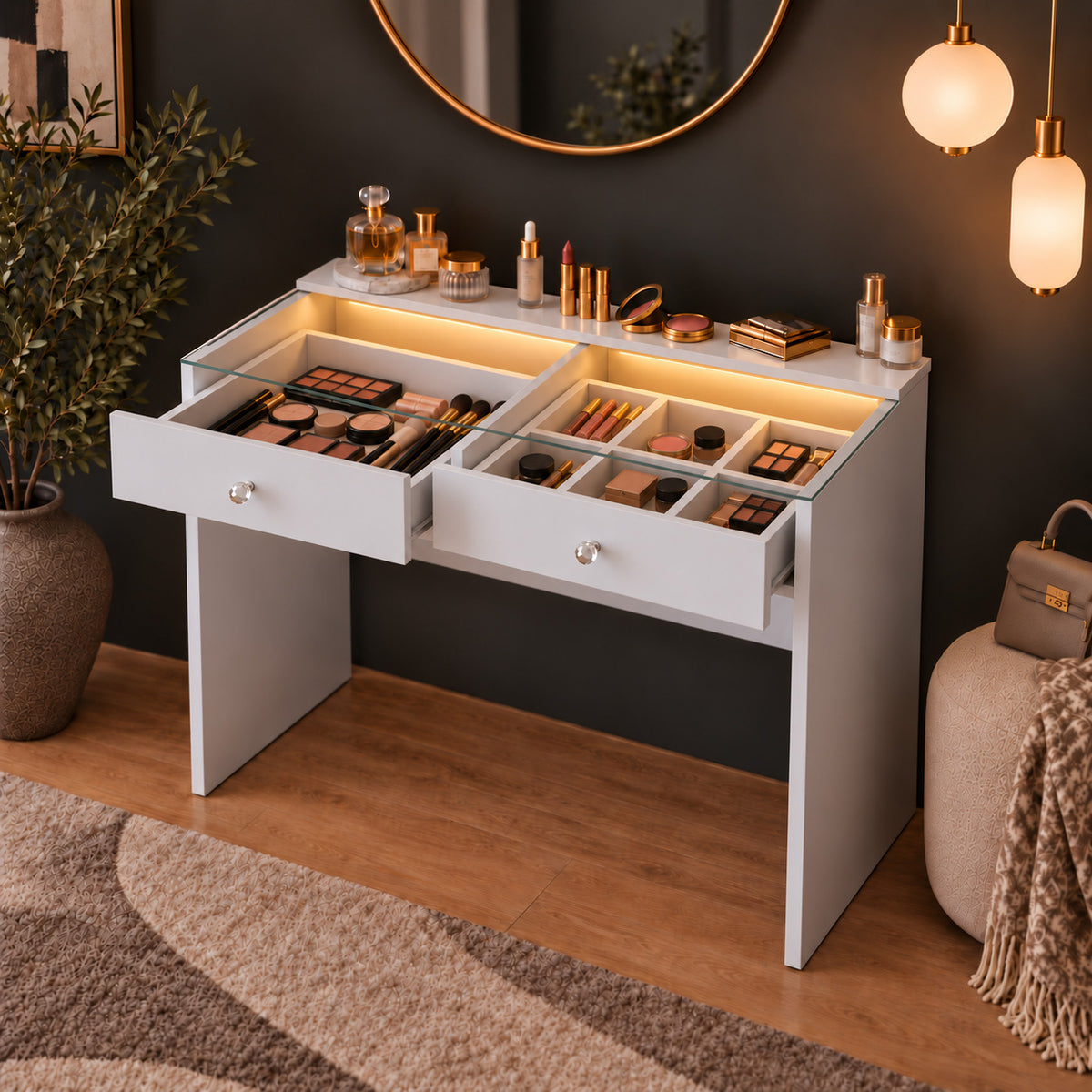 Rani BJ284 Ledli Makyaj Masası 2 Çekmeceli Cam Tablalı Takı Düzenleyici Beyaz