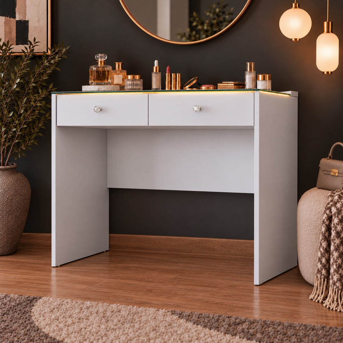 Rani BJ284 Ledli Makyaj Masası 2 Çekmeceli Cam Tablalı Takı Düzenleyici Beyaz