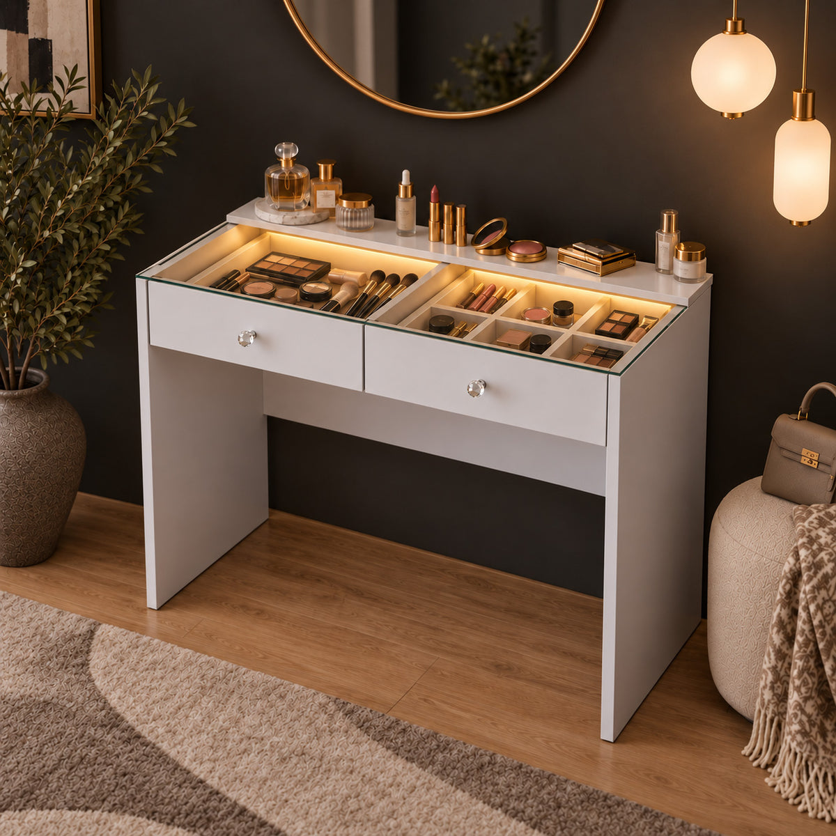 Rani BJ284 Ledli Makyaj Masası 2 Çekmeceli Cam Tablalı Takı Düzenleyici Beyaz