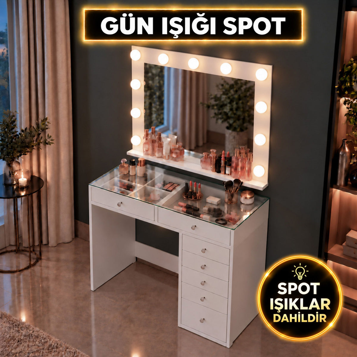 Rani BJ263 Hollywood Işıklı Aynalı Kulis Makyaj Masası Cam Tablalı 7 Çekmeceli Takı Düzenleyici Günışığı