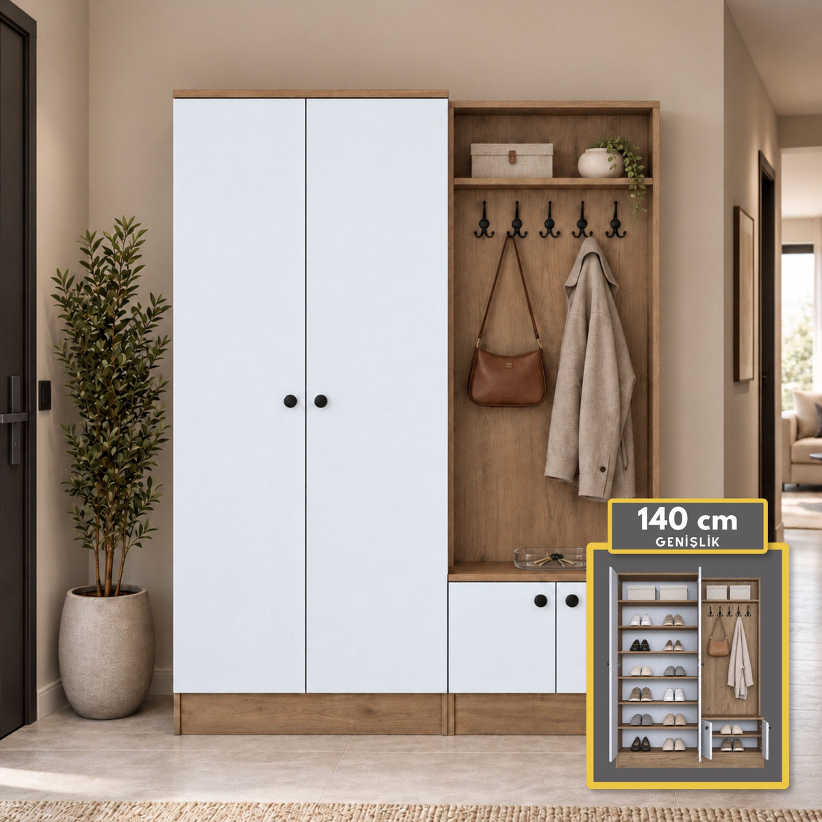 Rani EA151 Modern Portmanto Raflı Askılı Ayakkabılık Vestiyer Sepet Ceviz Beyaz