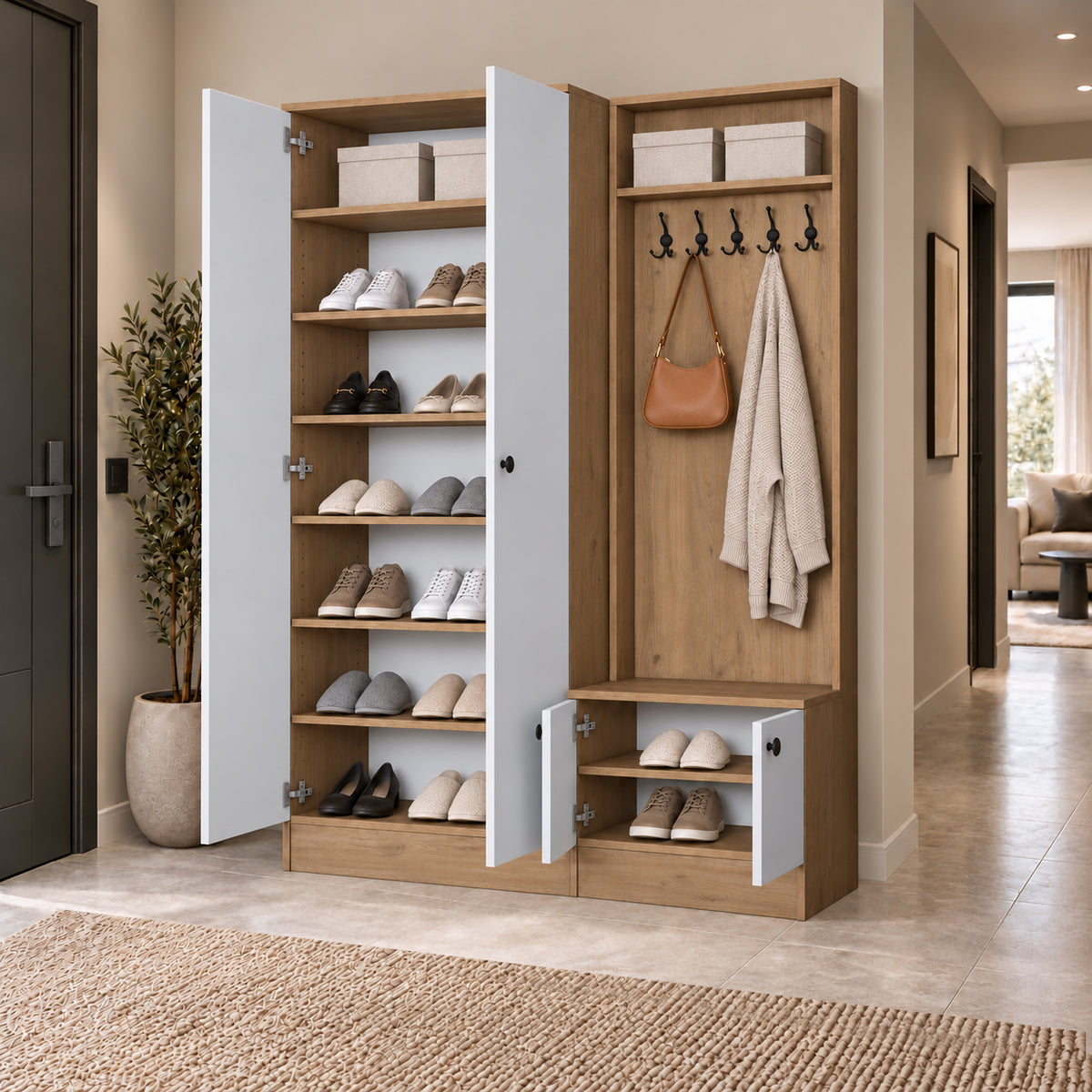 Rani EA151 Modern Portmanto Raflı Askılı Ayakkabılık Vestiyer Sepet Ceviz Beyaz