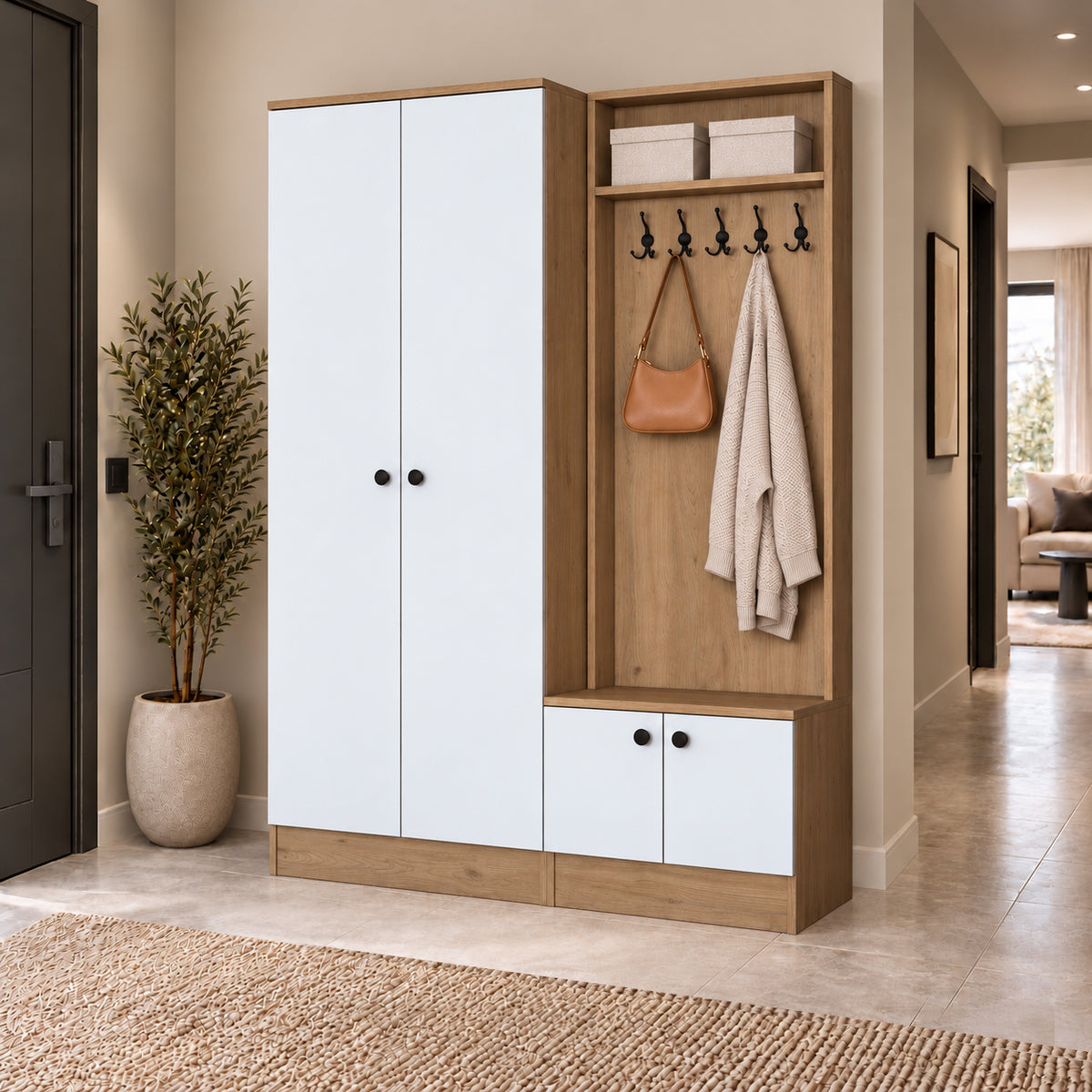 Rani EA151 Modern Portmanto Raflı Askılı Ayakkabılık Vestiyer Sepet Ceviz Beyaz