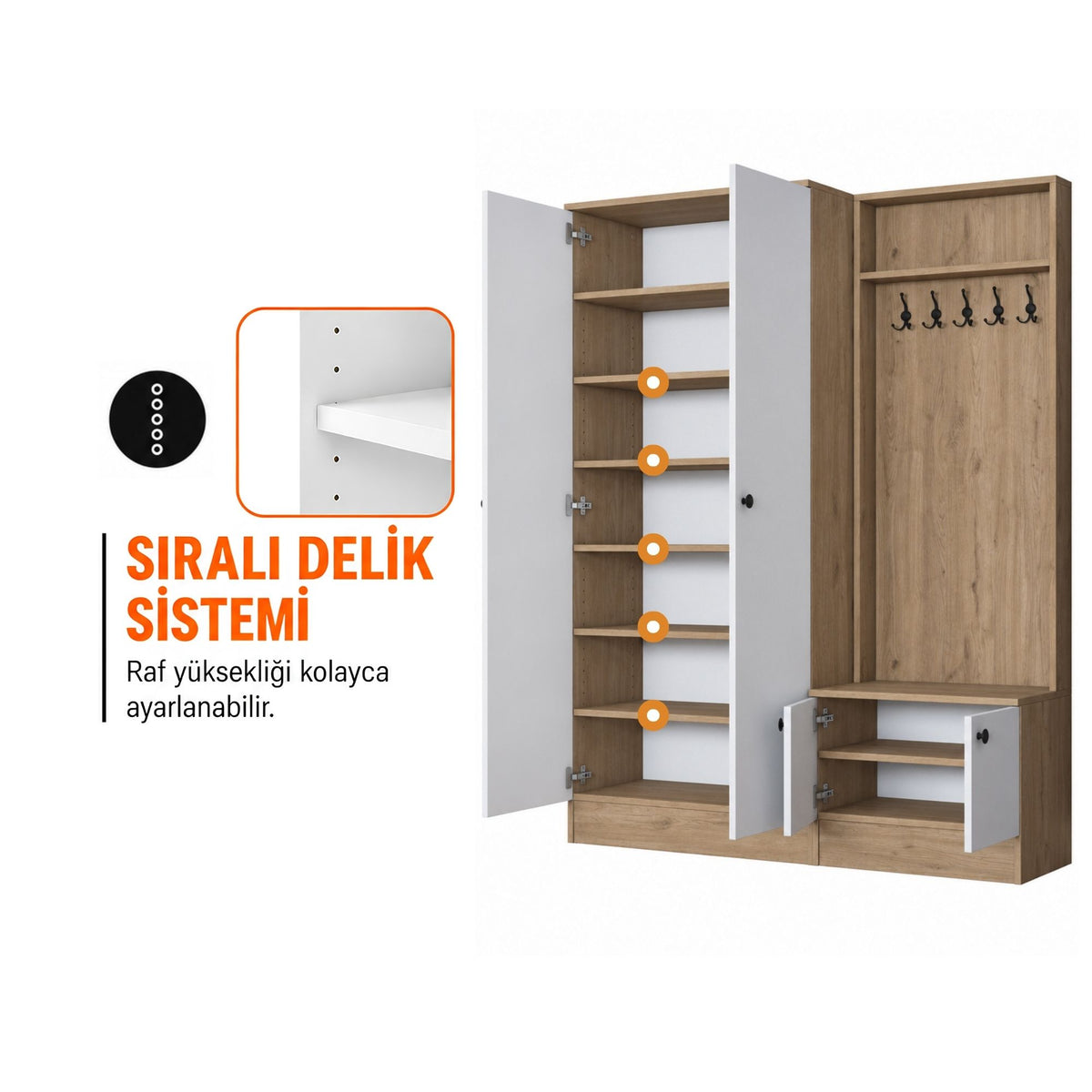 Rani EA151 Modern Portmanto Raflı Askılı Ayakkabılık Vestiyer Sepet Ceviz Beyaz