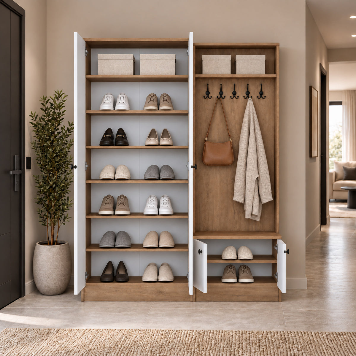 Rani EA151 Modern Portmanto Raflı Askılı Ayakkabılık Vestiyer Sepet Ceviz Beyaz