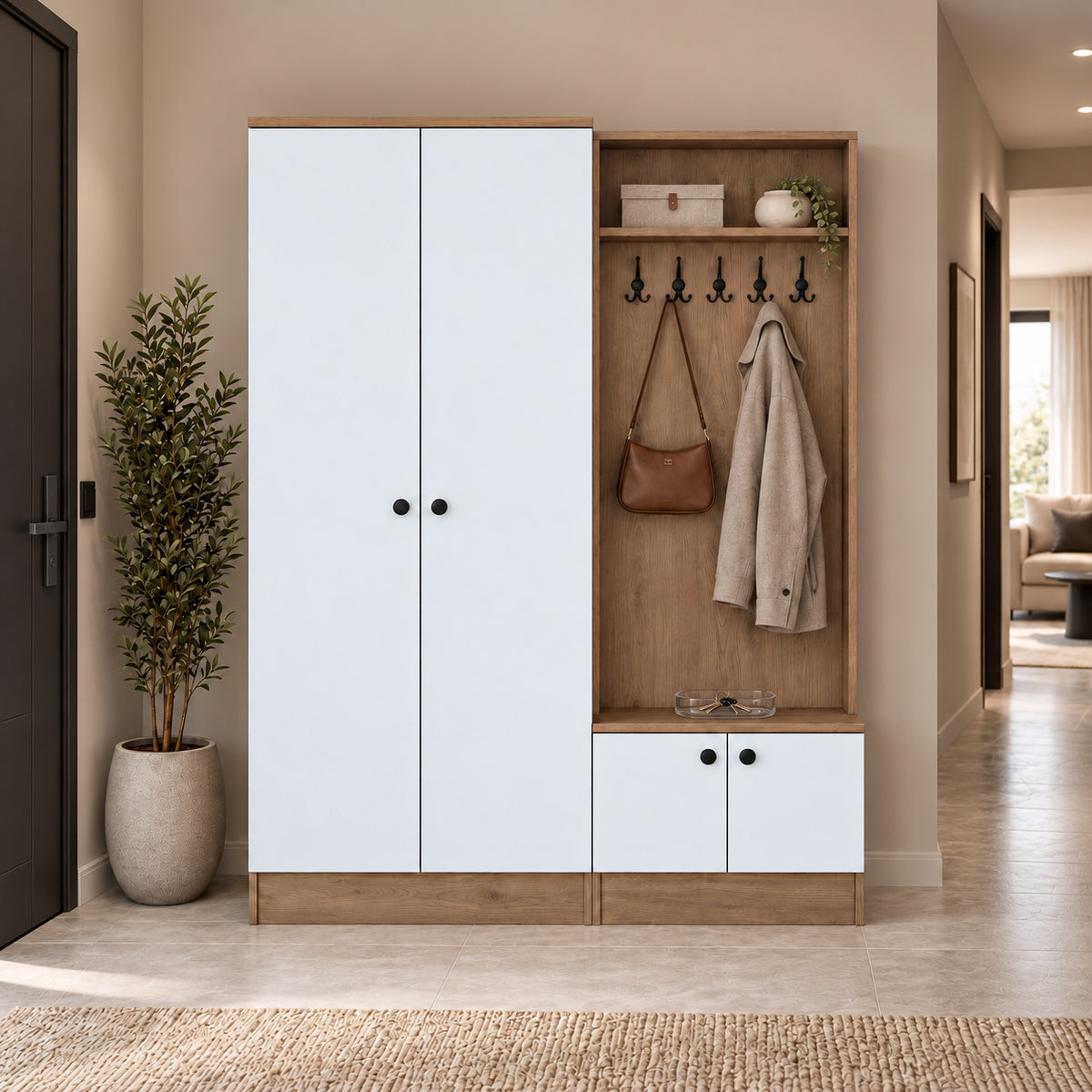 Rani EA151 Modern Portmanto Raflı Askılı Ayakkabılık Vestiyer Sepet Ceviz Beyaz