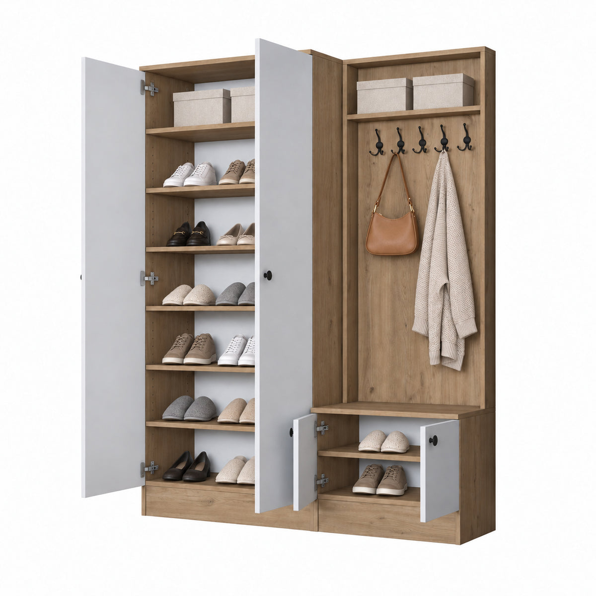 Rani EA151 Modern Portmanto Raflı Askılı Ayakkabılık Vestiyer Sepet Ceviz Beyaz
