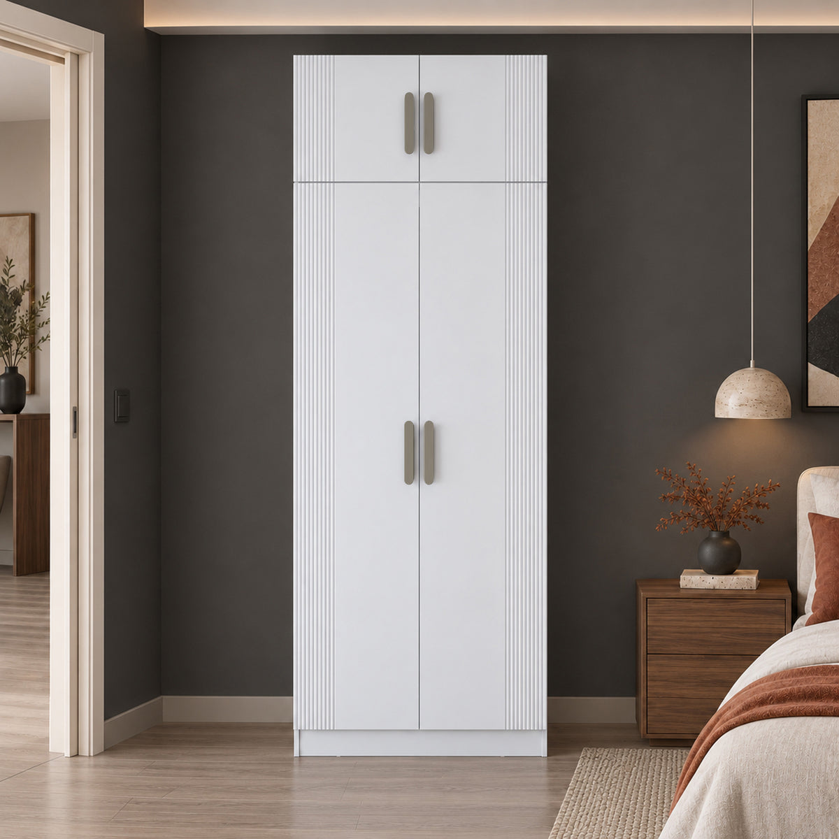 Rani BA405 Membran Kapaklı Modüler Gardırop 3 Raflı Askılı 2 Kapaklı Elbise Dolabı Beyaz
