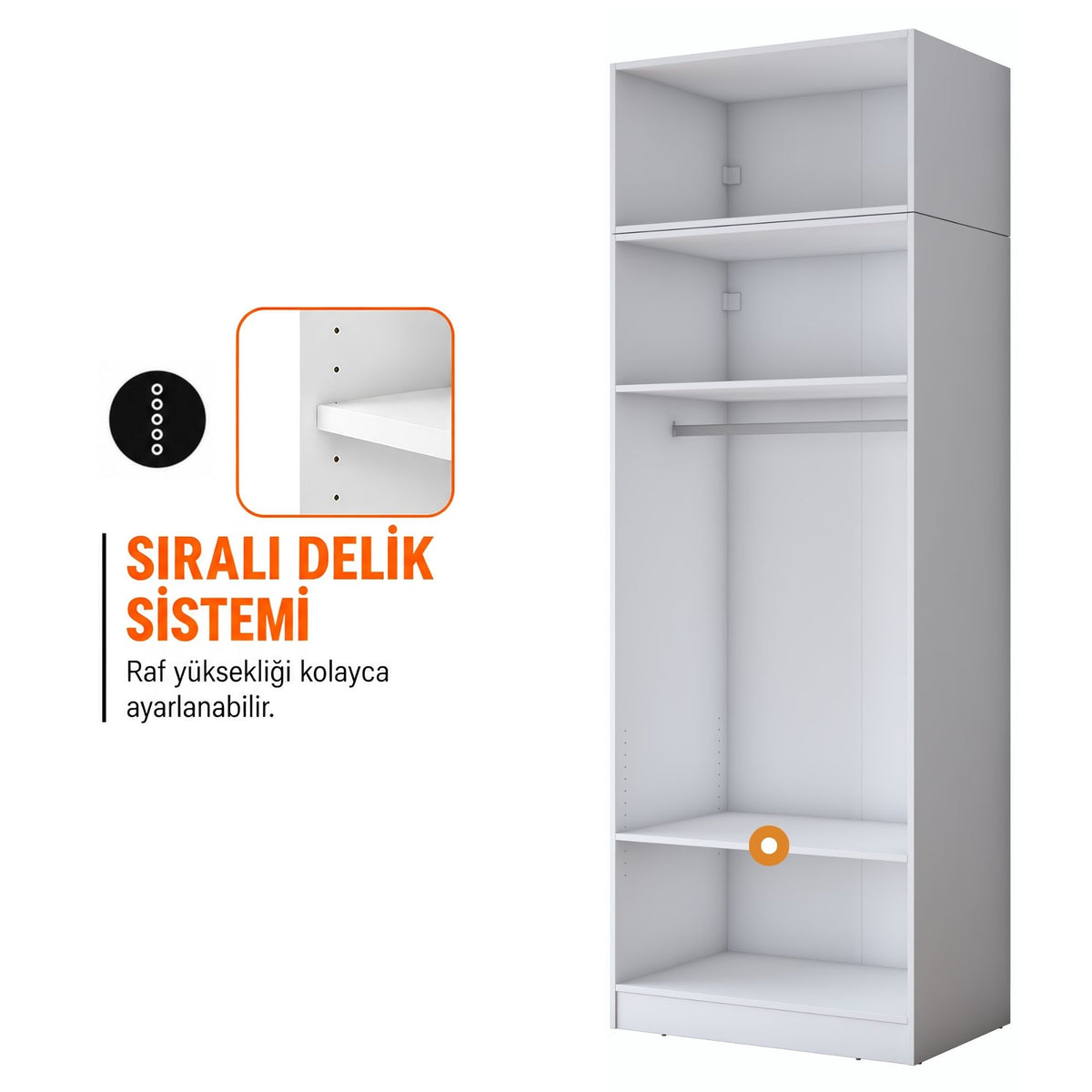 Rani BA405 Membran Kapaklı Modüler Gardırop 3 Raflı Askılı 2 Kapaklı Elbise Dolabı Beyaz