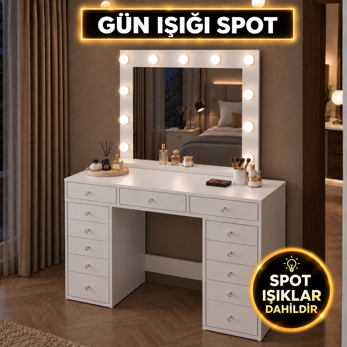 Rani BJ262 Hollywood Işıklı Aynalı Kulis Makyaj Masası 13 Çekmeceli Takı Düzenleyici Günışığı
