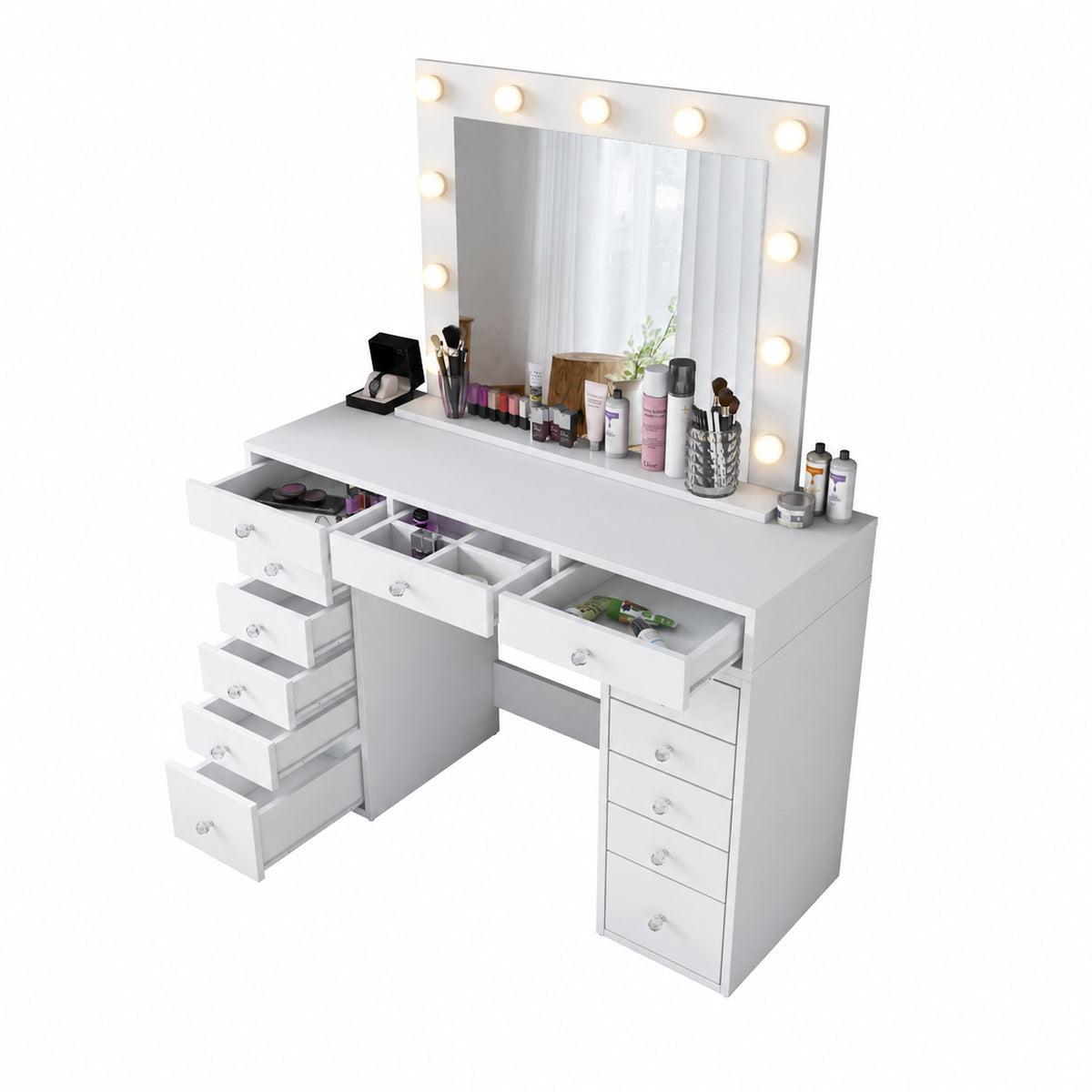 Rani BJ262 Hollywood Işıklı Aynalı Kulis Makyaj Masası 13 Çekmeceli Takı Düzenleyici Günışığı