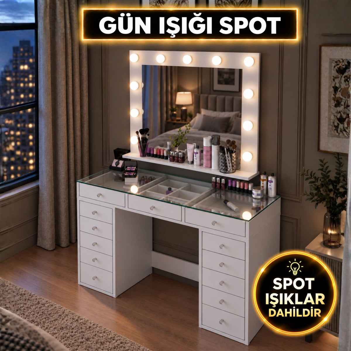 Rani BJ261 Hollywood Gün Işığı Aynalı Cam Tablalı Makyaj Masası 13 Çekmeceli Takı Düzenleyici Beyaz