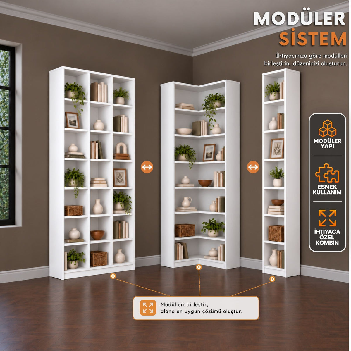Rani HC149 Kitaplık 30 Raflı Çalışma Odası Kütüphane Modern Duvar Rafı Beyaz