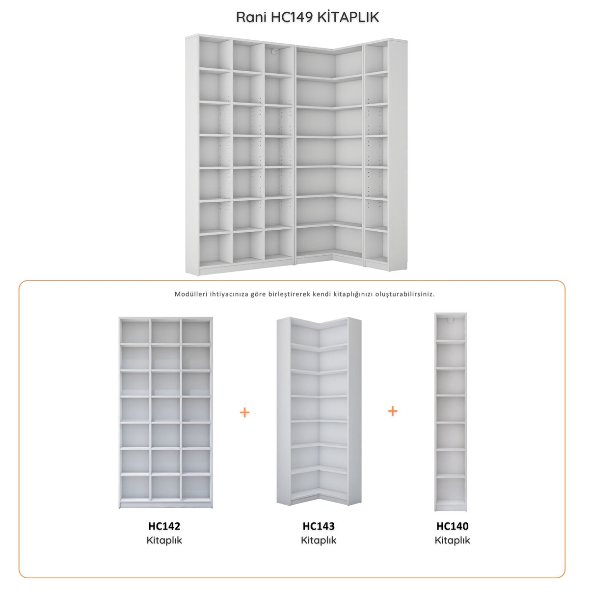 Rani HC149 Kitaplık 30 Raflı Çalışma Odası Kütüphane Modern Duvar Rafı Beyaz
