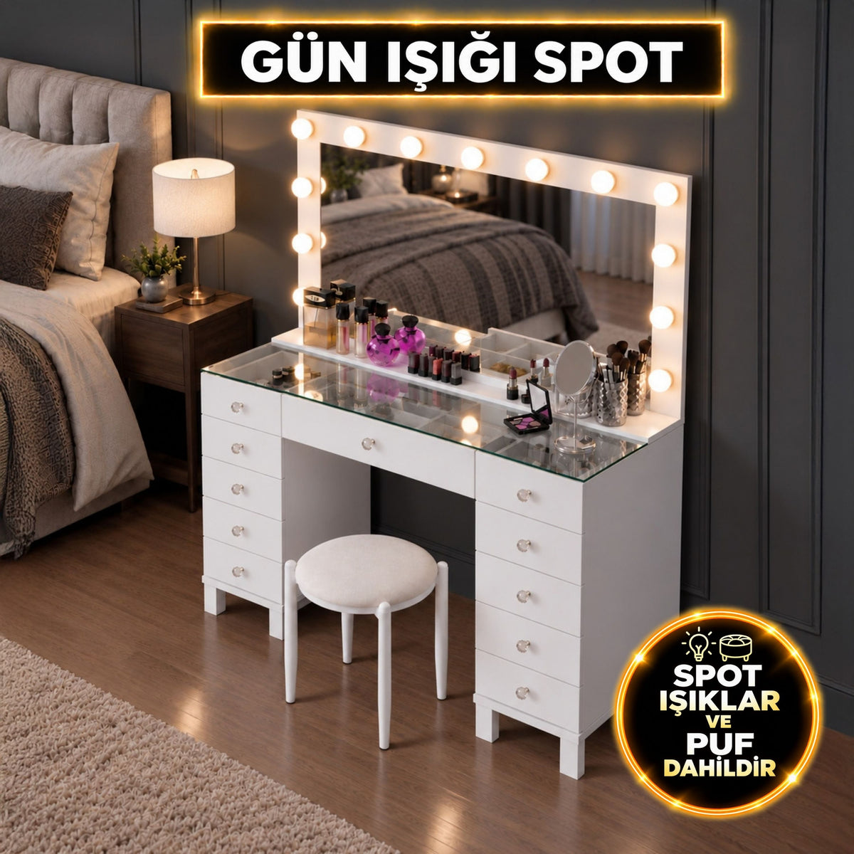 Rani BJ260 Hollywood Işıklı Aynalı Kulis Makyaj Masası Cam Tablalı 11 Çekmeceli Takı Düzenleyici Puf Takım Günışığı