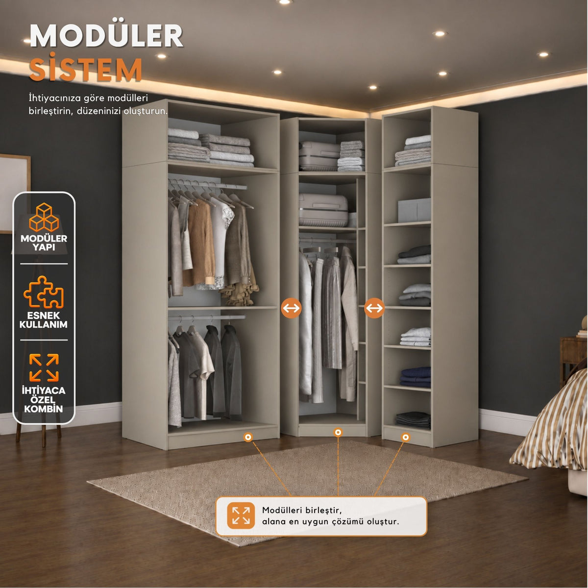 Rani BA390 Modüler Gardırop 3 Kapaklı Raflı Askılı Elbise Dolabı Kumtaşı