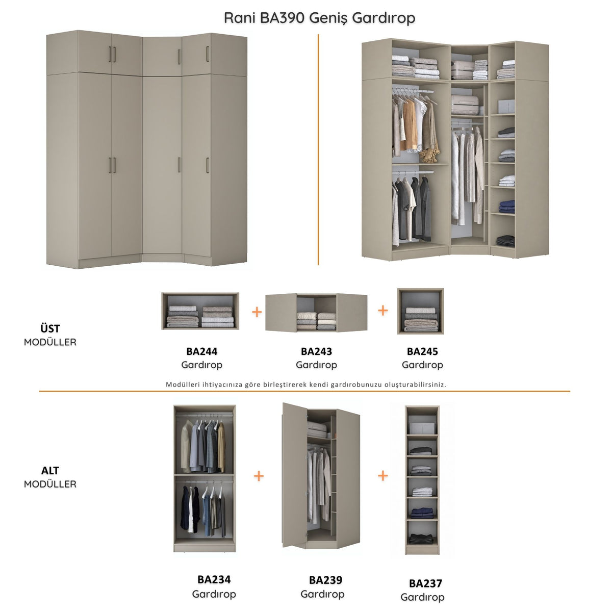Rani BA390 Modüler Gardırop 4 Kapaklı Raflı Askılı Elbise Dolabı Kumtaşı