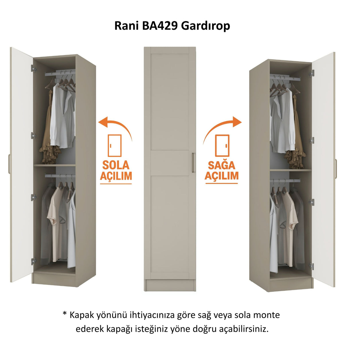 Rani BA429 Membran Kapaklı Gardırop Tek Kapaklı Raflı 2 Askılı Elbise Dolabı Kumtaşı