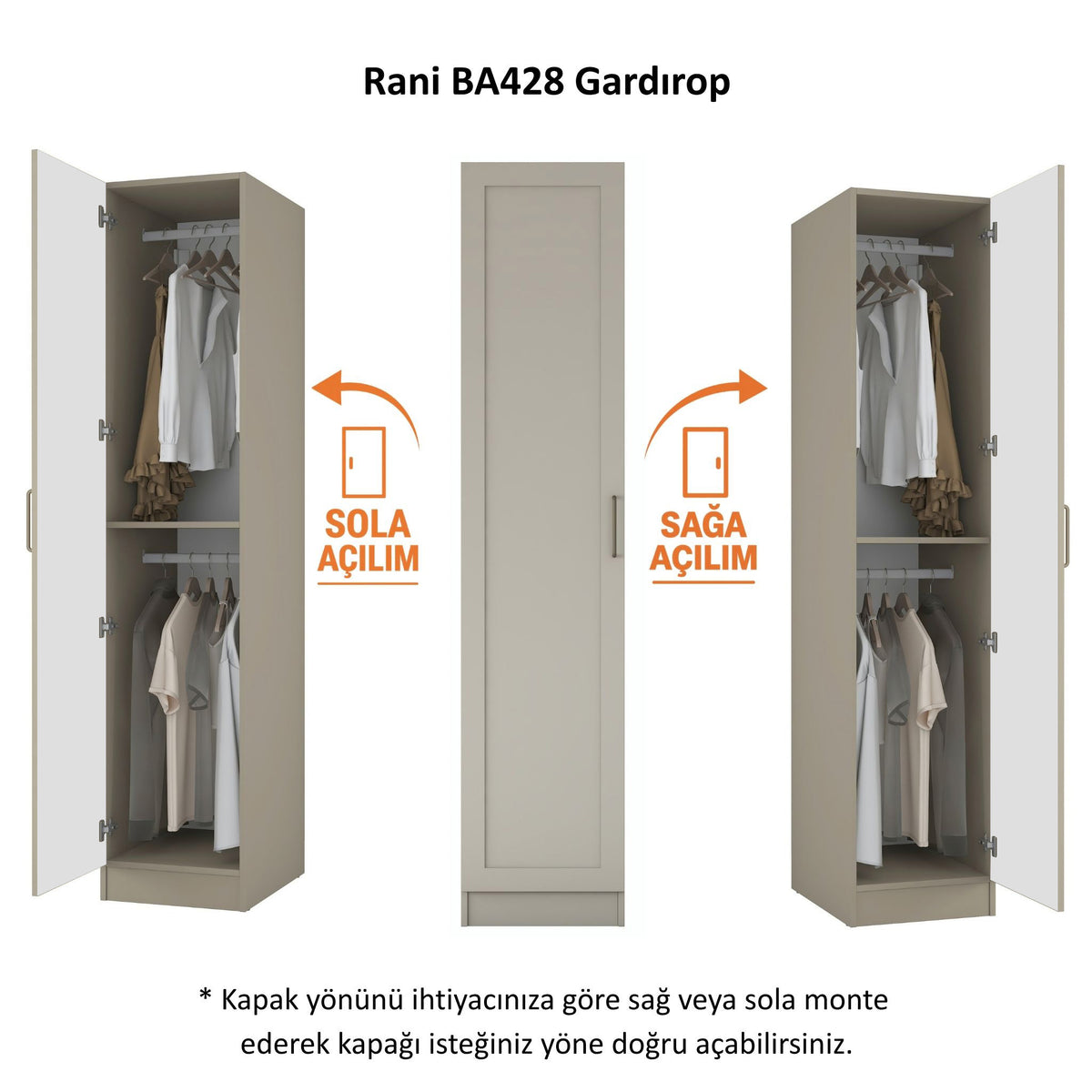 Rani BA428 Membran Kapaklı Gardırop Tek Kapaklı Raflı 2 Askılı Elbise Dolabı Kumtaşı