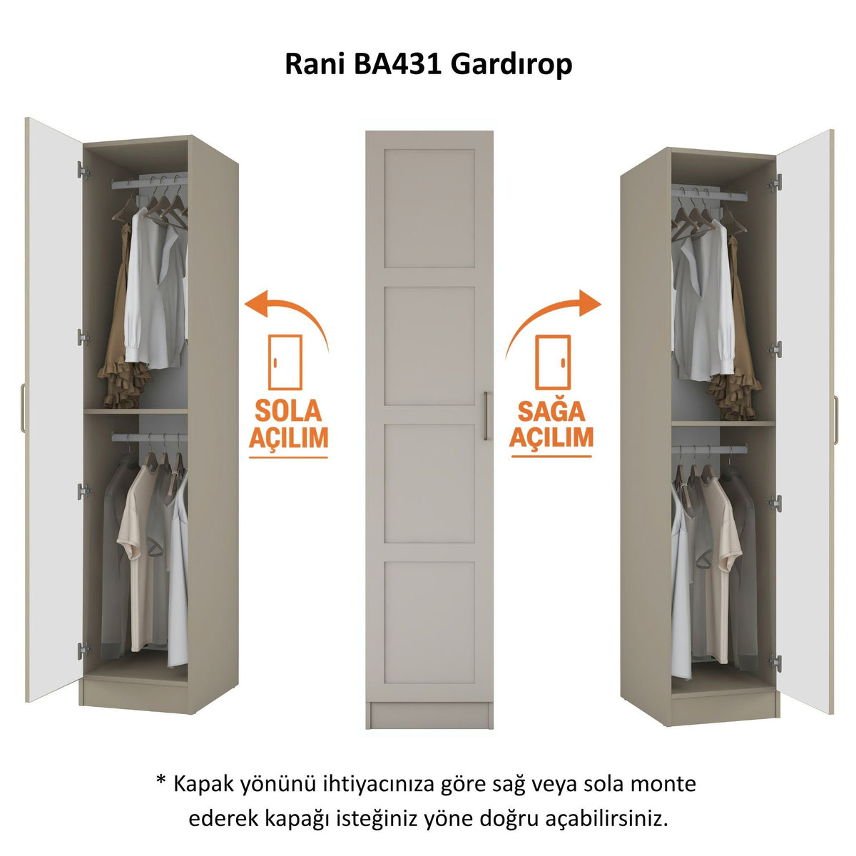 Rani BA431 Membran Kapaklı Gardırop Tek Kapaklı Raflı 2 Askılı Elbise Dolabı Kumtaşı