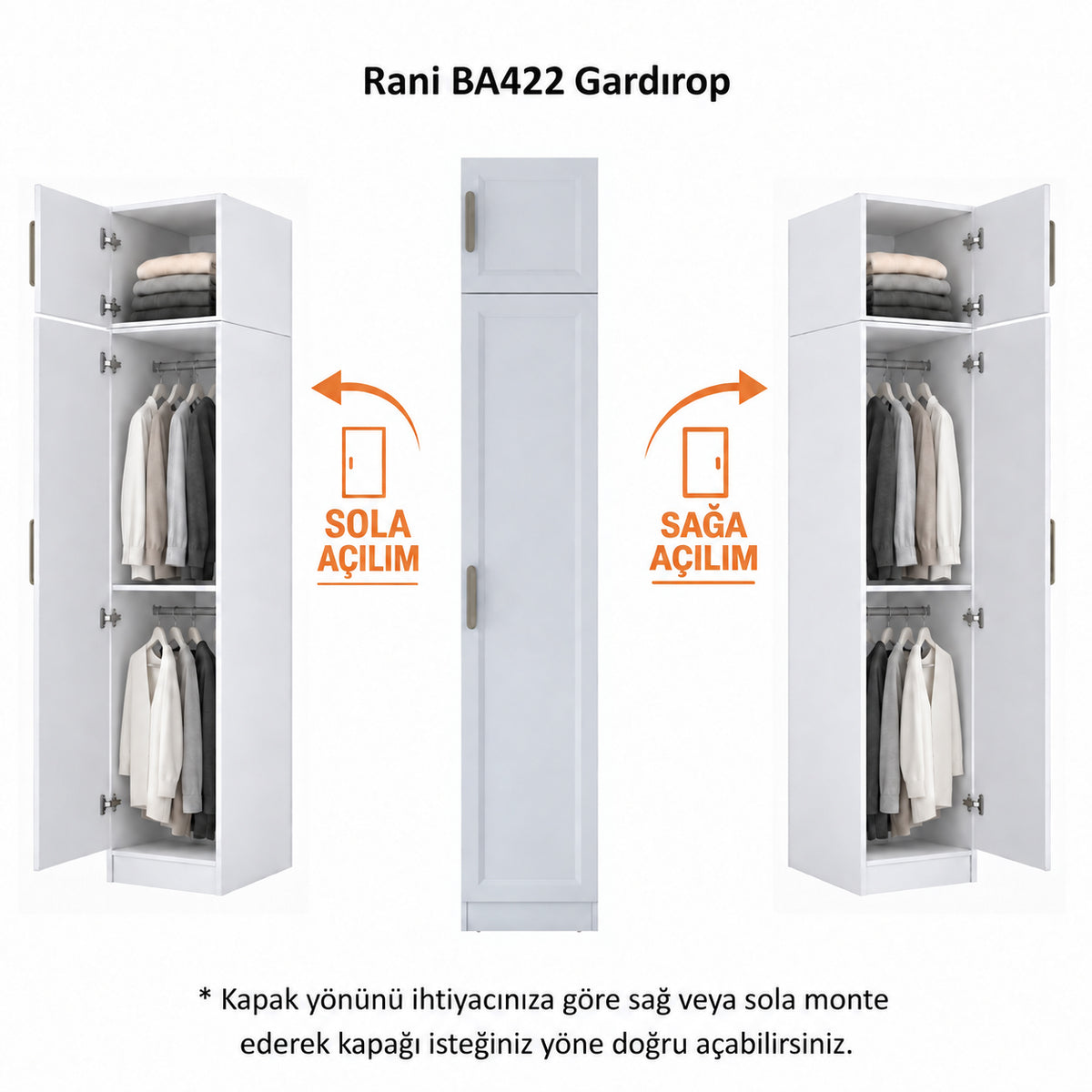 Rani BA422 Membran Kapaklı Gardırop 2 Raflı 2 Askılı Tek Kapaklı Elbise Dolabı Beyaz