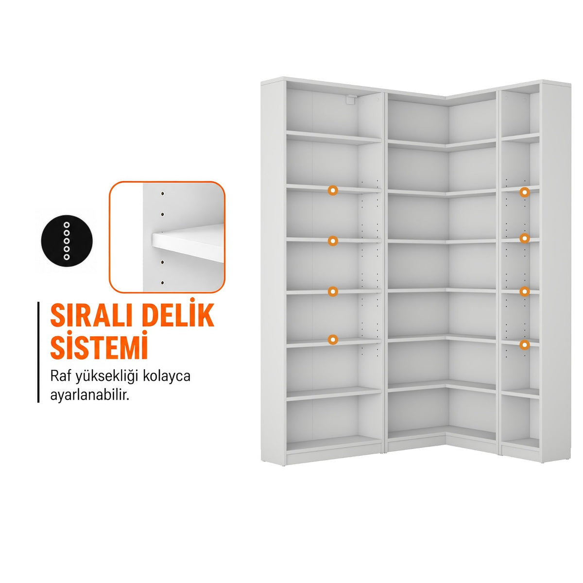 Rani HC150 Kitaplık 18 Raflı Çalışma Odası Kütüphane Modern Duvar Rafı Beyaz