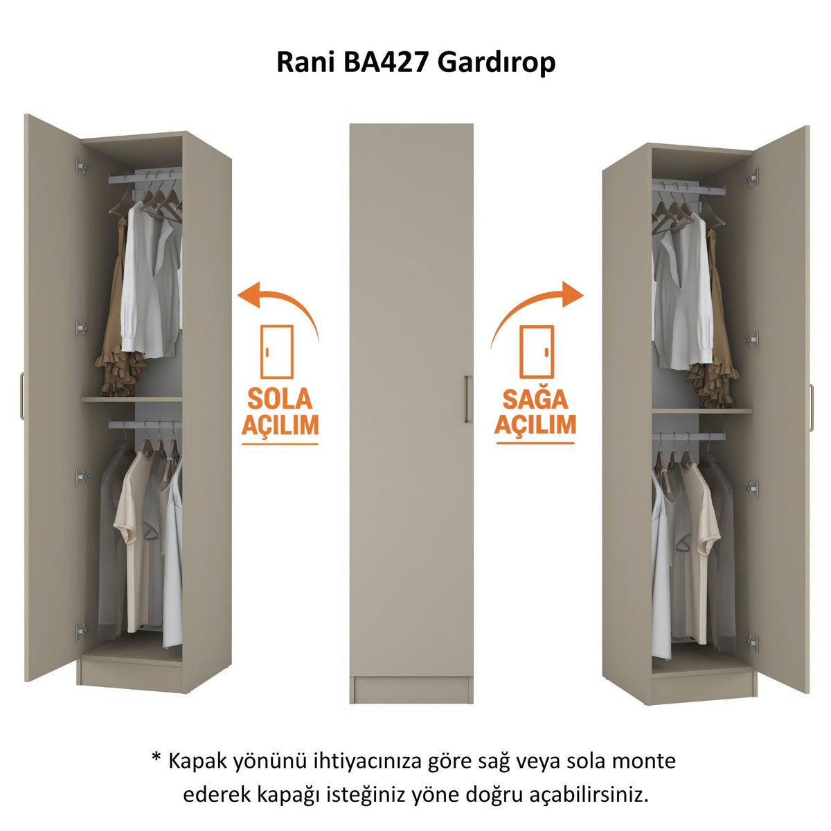 Rani BA427 Gardırop Tek Kapaklı Raflı 2 Askılı Elbise Dolabı Kumtaşı