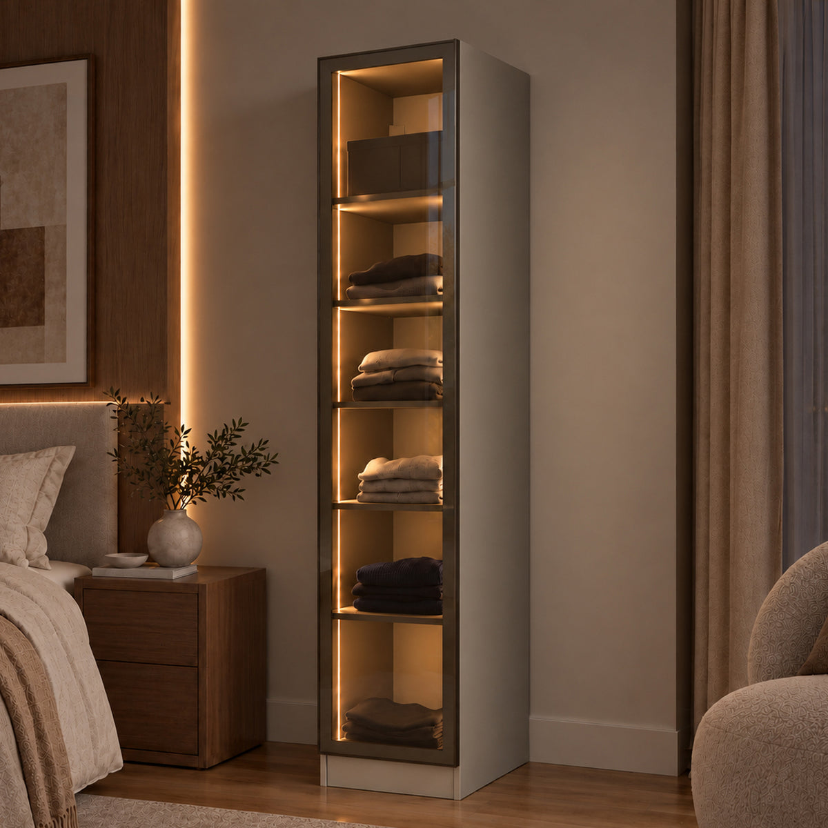 Rani BA370 Cam Kapaklı Gardırop Tek Kapaklı 5 Raflı Elbise Dolabı Kumtaşı