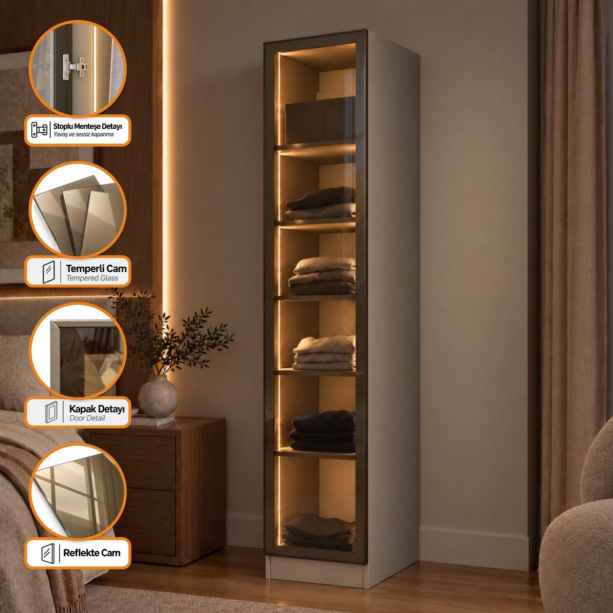 Rani BA370 Cam Kapaklı Gardırop Tek Kapaklı 5 Raflı Elbise Dolabı Kumtaşı