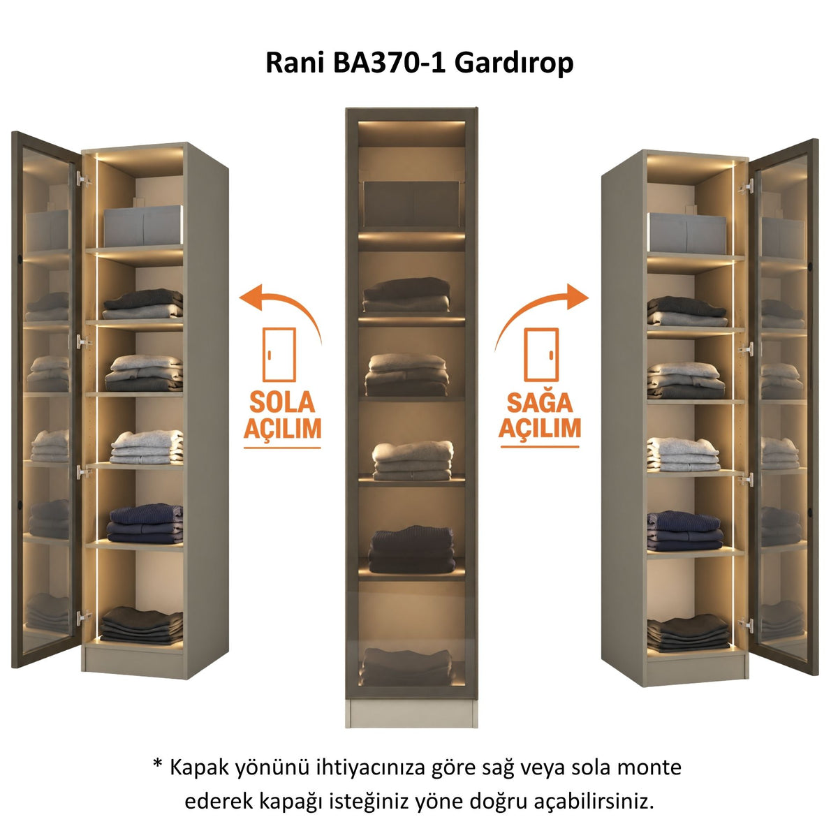 Rani BA370 Cam Kapaklı Gardırop Tek Kapaklı 5 Raflı Elbise Dolabı Kumtaşı