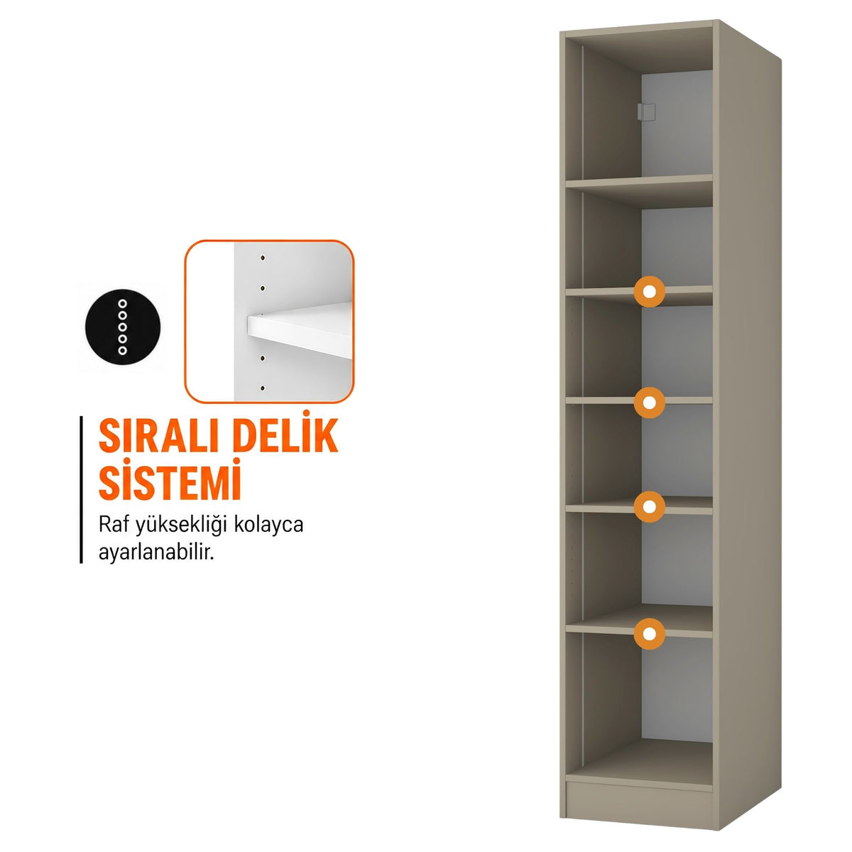 Rani BA370 Cam Kapaklı Gardırop Tek Kapaklı 5 Raflı Elbise Dolabı Kumtaşı