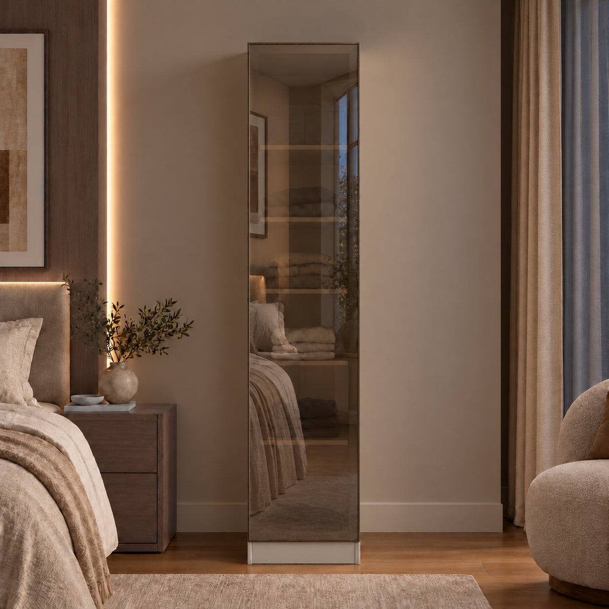 Rani BA370 Cam Kapaklı Gardırop Tek Kapaklı 5 Raflı Elbise Dolabı Kumtaşı