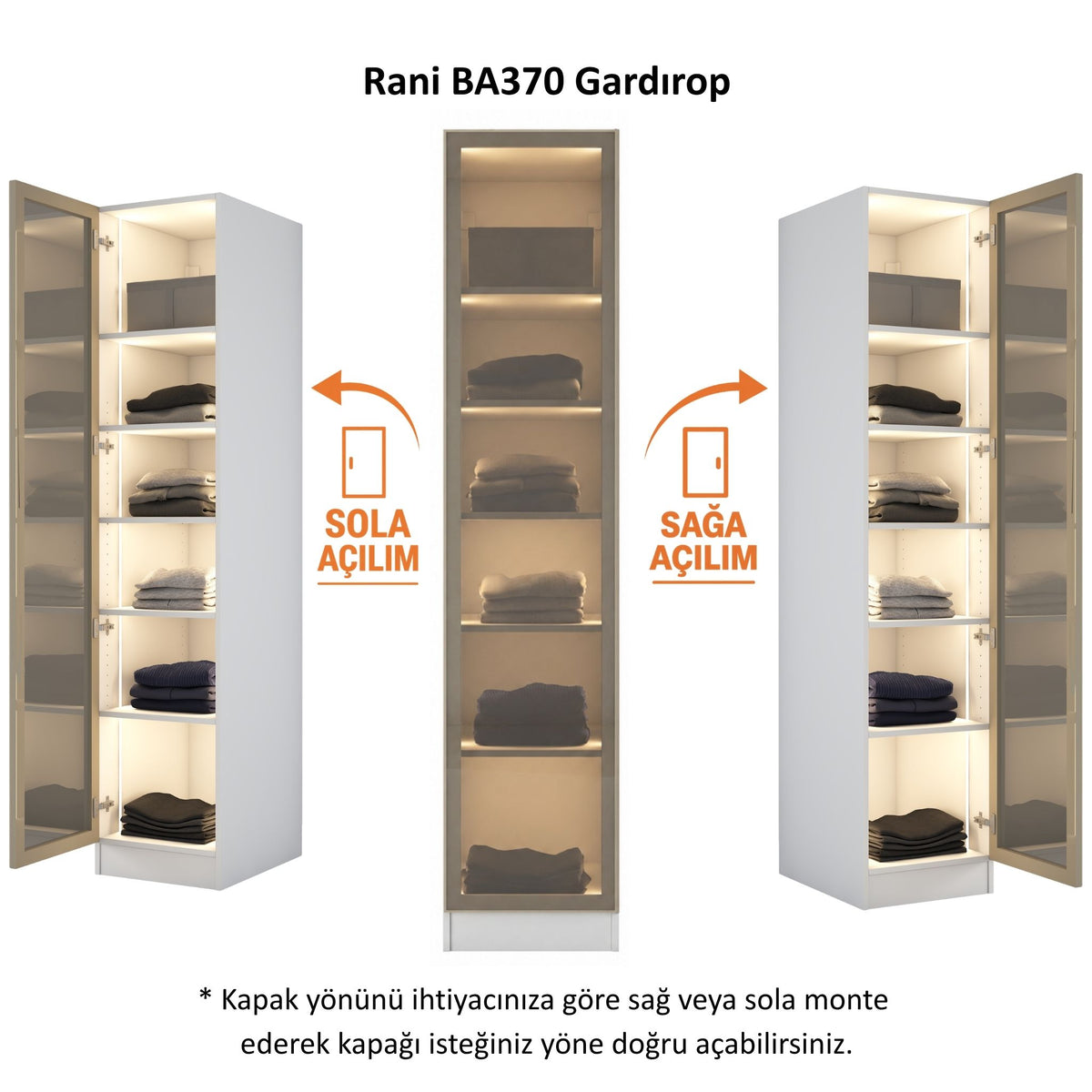 Rani BA370 Cam Kapaklı Gardırop Tek Kapaklı 5 Raflı Elbise Dolabı Beyaz