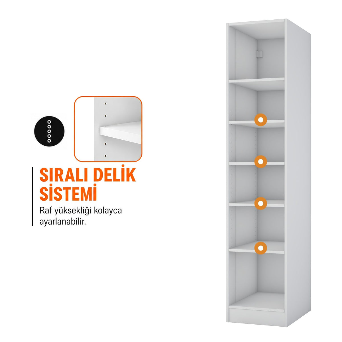 Rani BA370 Cam Kapaklı Gardırop Tek Kapaklı 5 Raflı Elbise Dolabı Beyaz