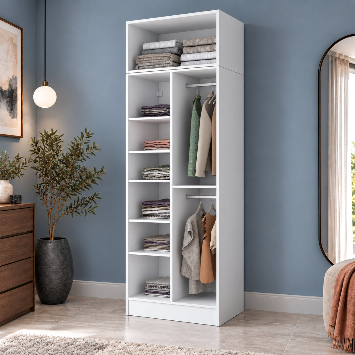 Rani BA426 Membran Kapaklı Gardırop 7 Raflı 2 Kapaklı 2 Askılı Elbise Dolabı Beyaz