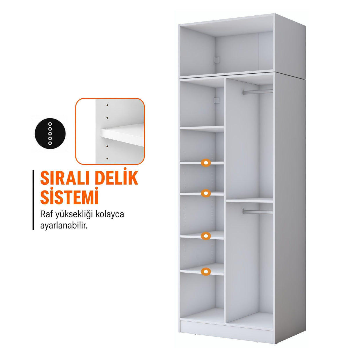 Rani BA426 Membran Kapaklı Gardırop 7 Raflı 2 Kapaklı 2 Askılı Elbise Dolabı Beyaz