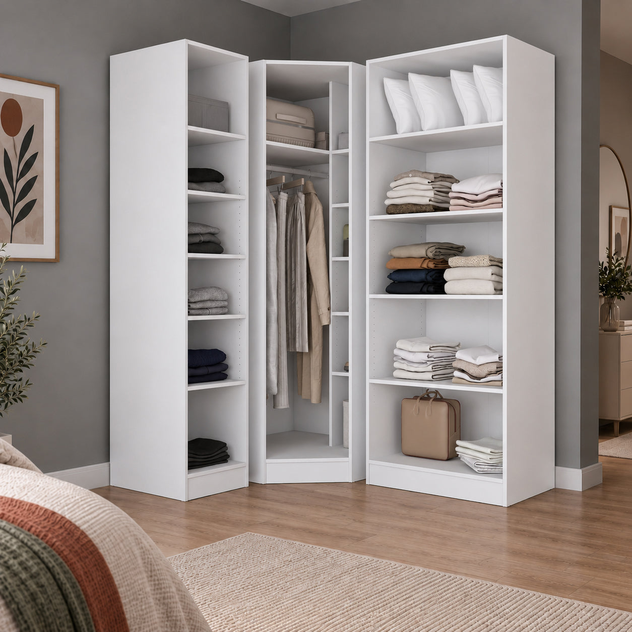 Rani BA386 Modüler Gardırop 4 Kapaklı Raflı Askılı Elbise Dolabı Beyaz
