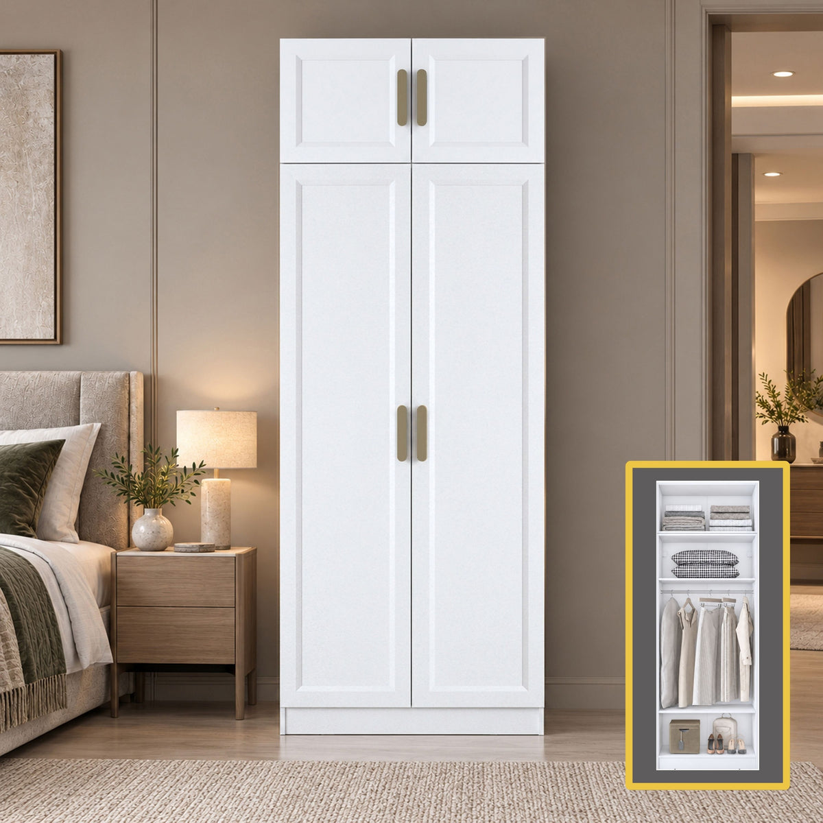 Rani BA425 Membran Kapaklı Gardırop 2 Kapaklı 3 Raflı Askılı Elbise Dolabı Beyaz