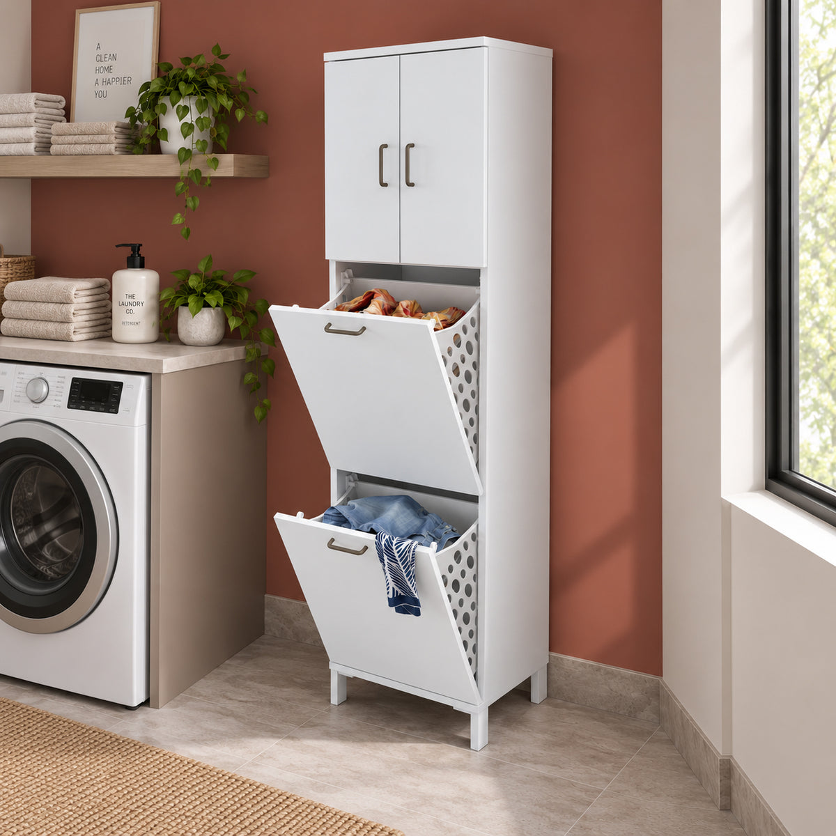 Rani KC121 Banyo Dolabı Düşer Kapaklı Raflı Çamaşır Sepeti Bölmeli Çok Amaçlı Dolap Beyaz