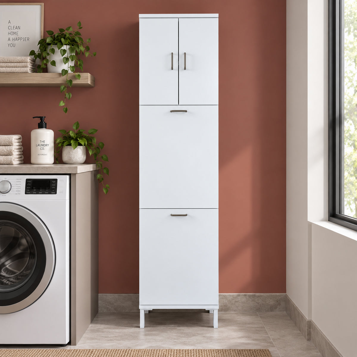 Rani KC121 Banyo Dolabı Düşer Kapaklı Raflı Çamaşır Sepeti Bölmeli Çok Amaçlı Dolap Beyaz