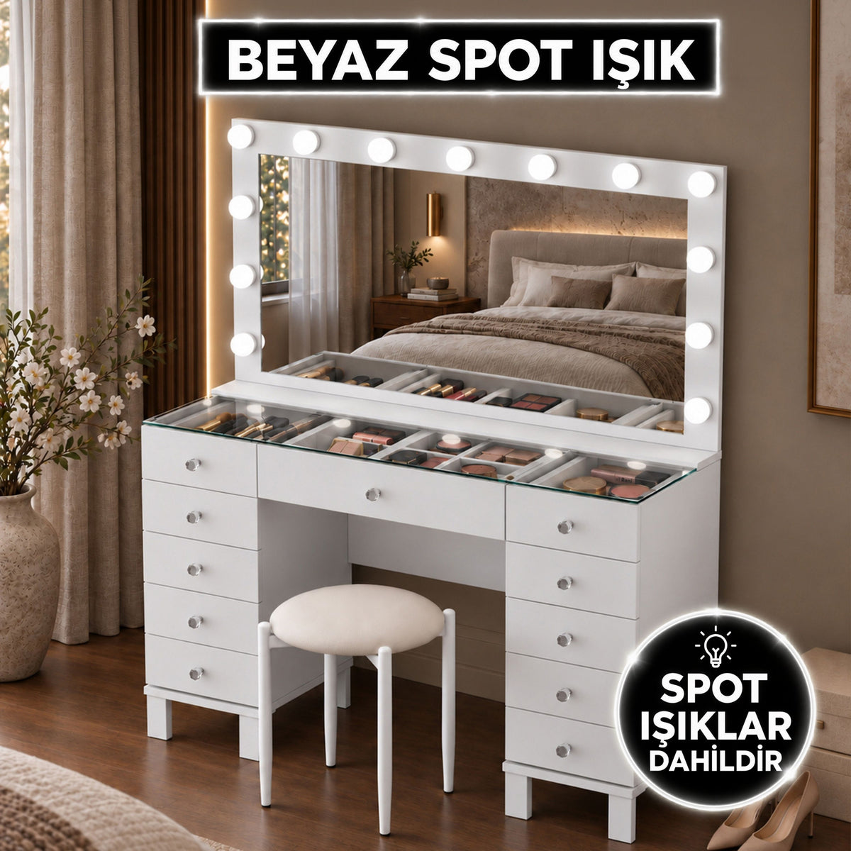 Rani BJ257 Hollywood Işıklı Aynalı Kulis Makyaj Masası Cam Tablalı 11 Çekmeceli Takı Düzenleyici Puf Takım Beyaz
